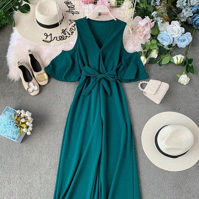 Salopetă lungă elegantă, cu decolteu spitz