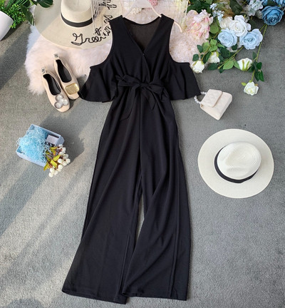 Salopetă lungă elegantă, cu decolteu spitz