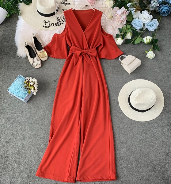 Salopetă lungă elegantă, cu decolteu spitz