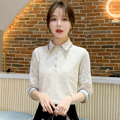 Vabaaja naiste särk pitsi ja klassikalise kraega valge ja must