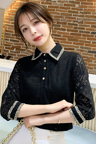 Vabaaja naiste särk pitsi ja klassikalise kraega valge ja must