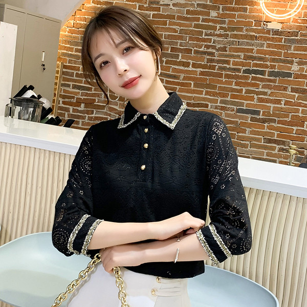 Vabaaja naiste särk pitsi ja klassikalise kraega valge ja must