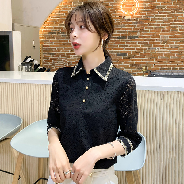 Vabaaja naiste särk pitsi ja klassikalise kraega valge ja must