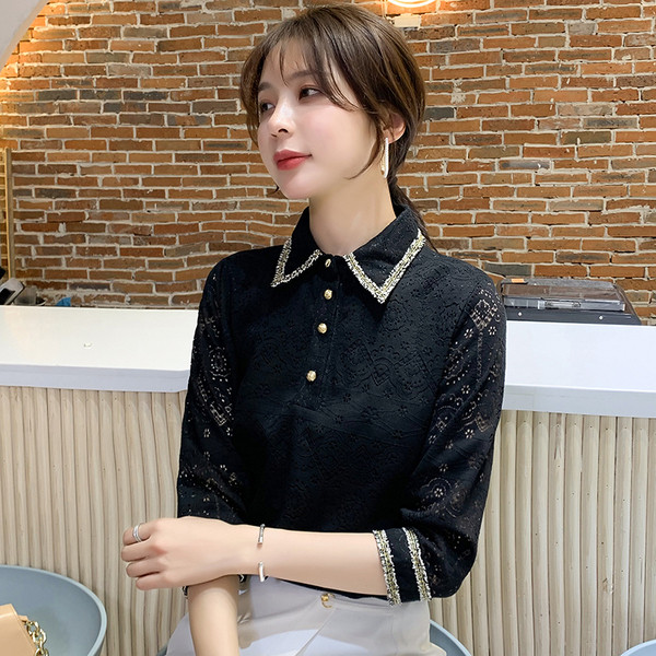 Vabaaja naiste särk pitsi ja klassikalise kraega valge ja must