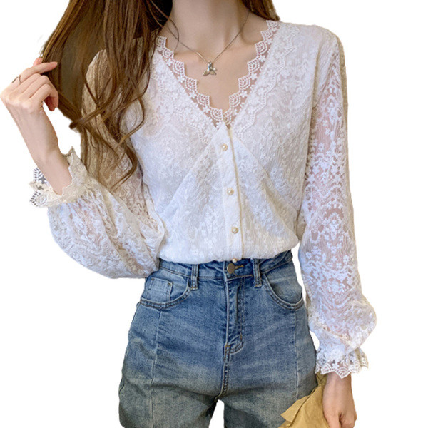 Női csipke ing spitz nyakkivágással, bézs és fehér színben