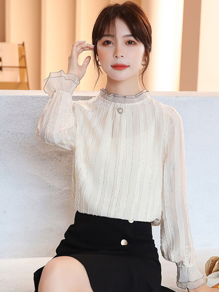 Cămașă elegantă de damă, cu guler înalt și perle în bej