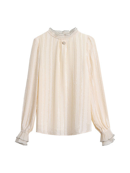 Cămașă elegantă de damă, cu guler înalt și perle în bej