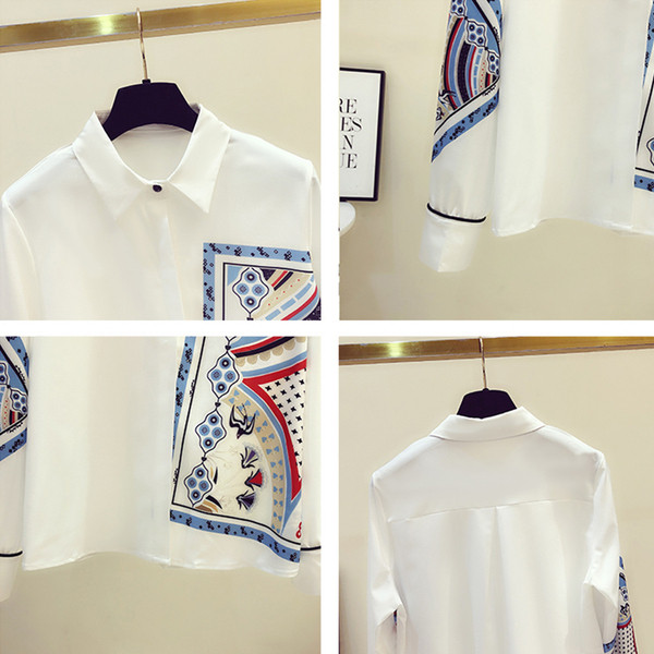 Fehér, hosszú ujjú női ing színes mintával