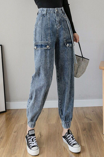 Γυναικεία casual τζιν με τσέπες και ψηλή μέση σε μπλε χρώμα