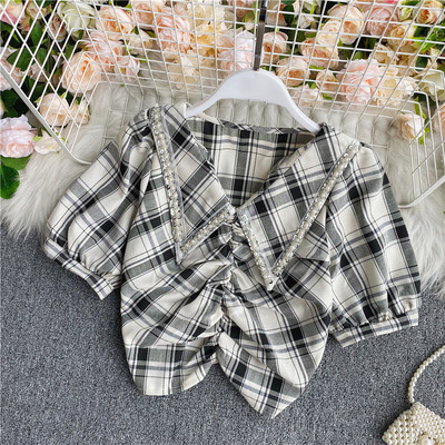 Γυναικείο μοντέρνο κοντό πουκάμισο με  πέρλες και πούλιες