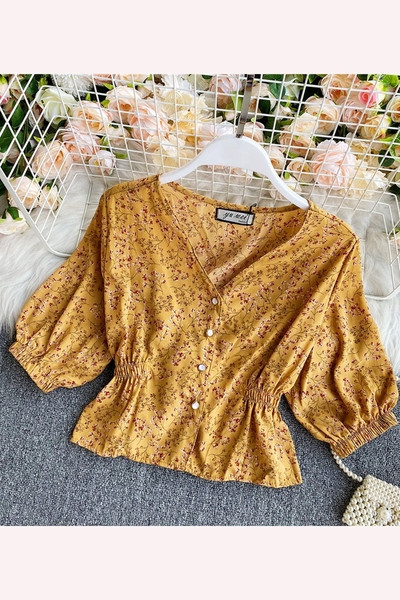 Naiste moodne lühike nööpide ja spitsikaelusega särk