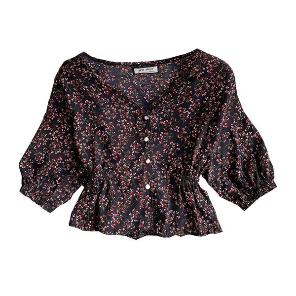 Naiste moodne lühike nööpide ja spitsikaelusega särk