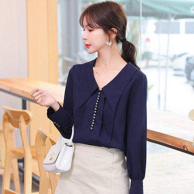 Stílusos női ing spitz nyakkivágással és hosszú ujjú lila és kék színben