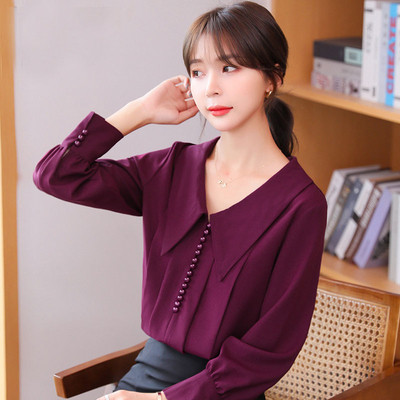 Stílusos női ing spitz nyakkivágással és hosszú ujjú lila és kék színben