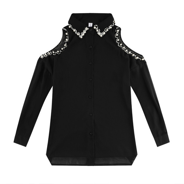 Modern női ing csupasz vállakkal, fekete gyöngyökkel