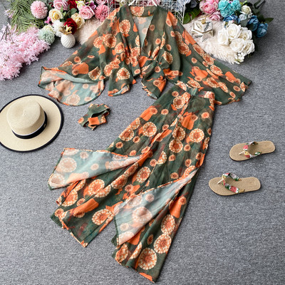 Set floral elegant de damă de pantaloni lungi și largi și bluză