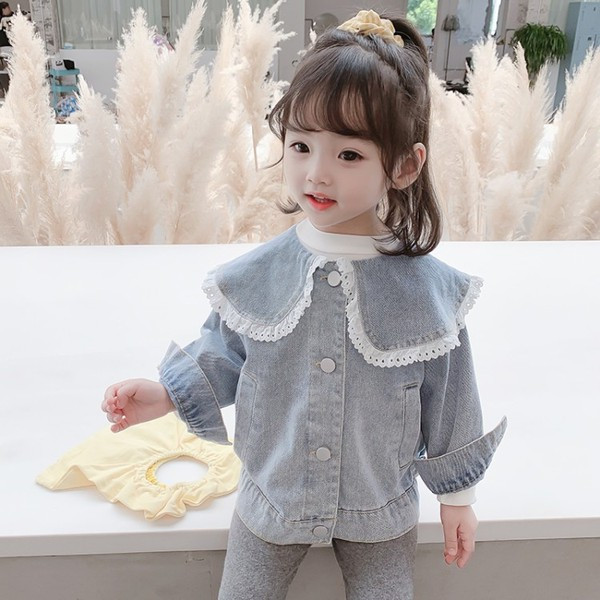 Modern gyerek farmer dzseki csipkével és gombokkal lányoknak