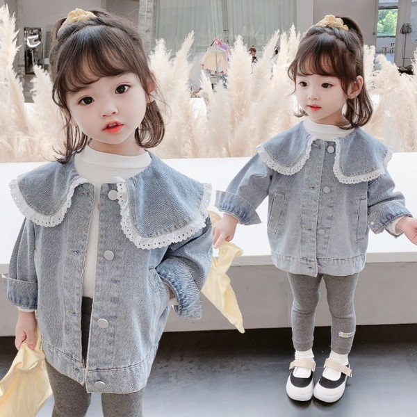 Modern gyerek farmer dzseki csipkével és gombokkal lányoknak