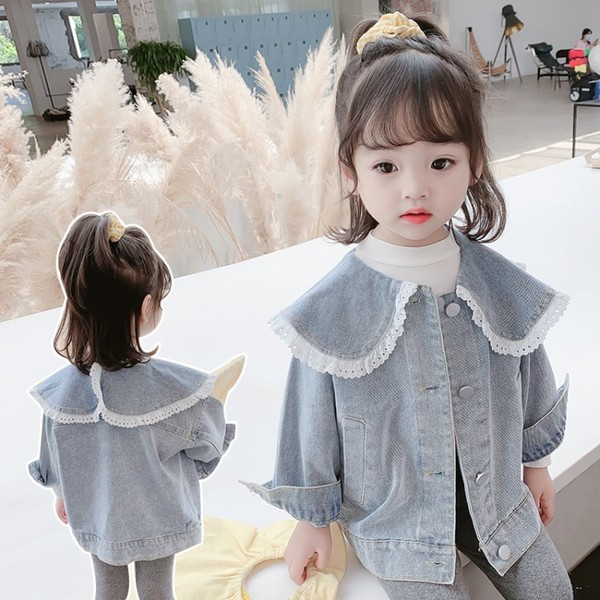 Modern gyerek farmer dzseki csipkével és gombokkal lányoknak