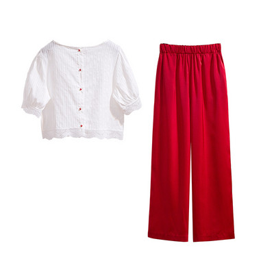 Κομψό γυναικείο σετ από δύο μέρη - μπλούζα και μακρύ παντελόνι