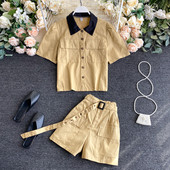 Alkalmi női blúz és nadrág szett magas derékkal és övvel