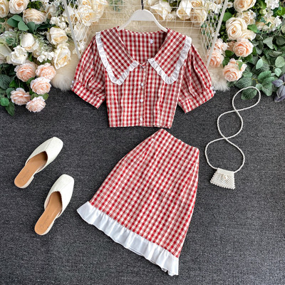 Kockás női ing szett gombokkal és magas derekú szoknyával