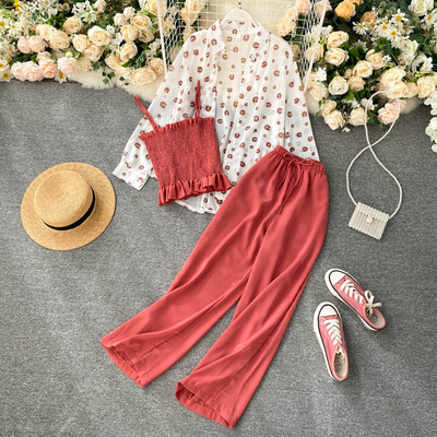 Három részből álló női szett, beleértve a felsőt, a nadrágot és az inget