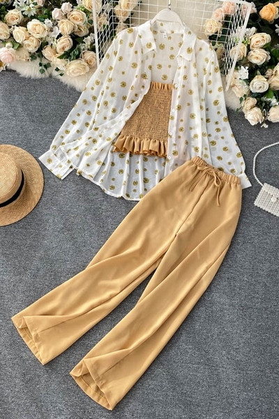 Három részből álló női szett, beleértve a felsőt, a nadrágot és az inget