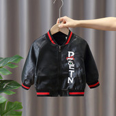 Gyermek bőrdzseki fiúknak ovális gallérral és felirattal