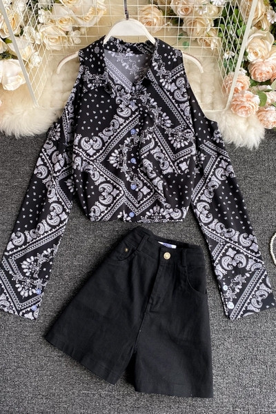 Moodne kõrge vöökohaga naiste särgi ja lühikeste pükste komplekt