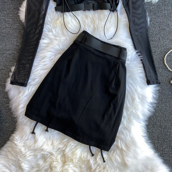 Fekete női blúz, felső és szoknya szett