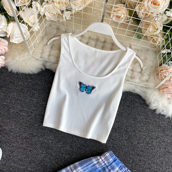 Női kockás nadrág szett pillangós hímzéssel