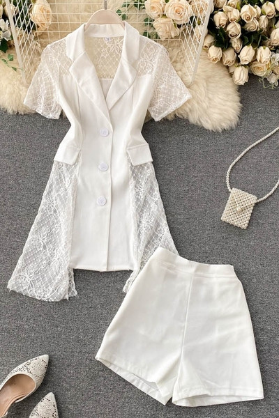 Sieviešu kreklu komplekts ar mežģīnēm un šortiem ar augstu jostasvietu