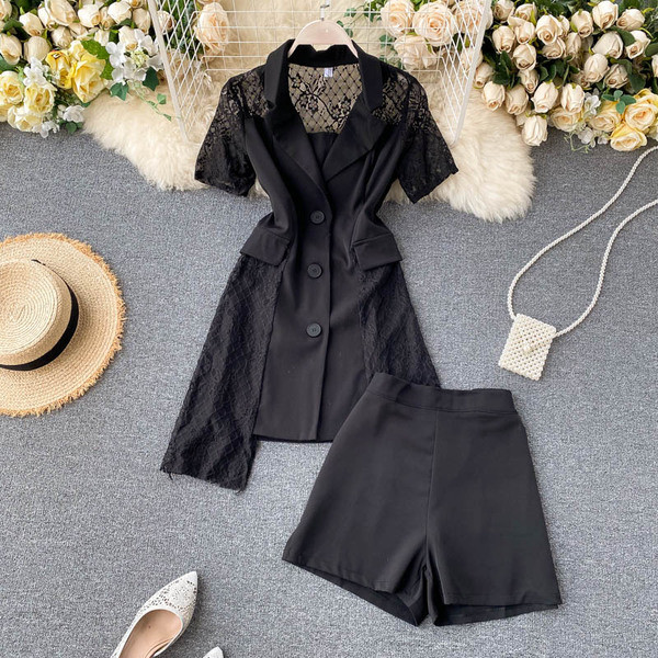 Sieviešu kreklu komplekts ar mežģīnēm un šortiem ar augstu jostasvietu