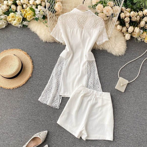 Sieviešu kreklu komplekts ar mežģīnēm un šortiem ar augstu jostasvietu