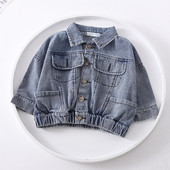 Taskute ja nööpidega laste teksajakk tüdrukutele