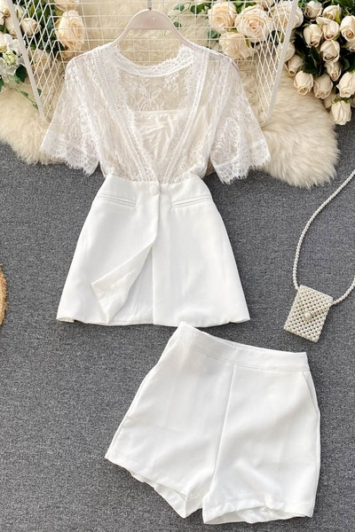 Női ing szett csipkével és magas derekú nadrággal