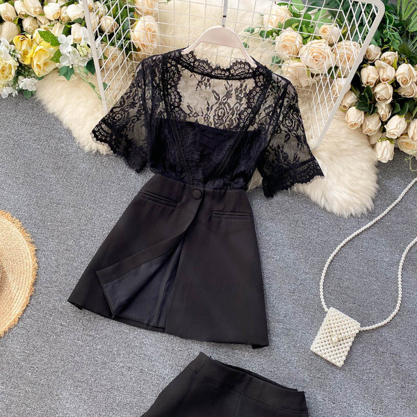 Női ing szett csipkével és magas derekú nadrággal