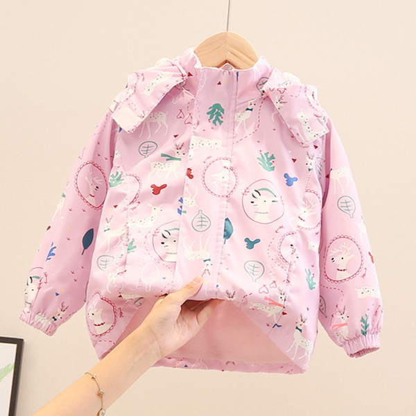 Värvilise mustriga ja kapuutsiga sügisene laste jope tüdrukutele