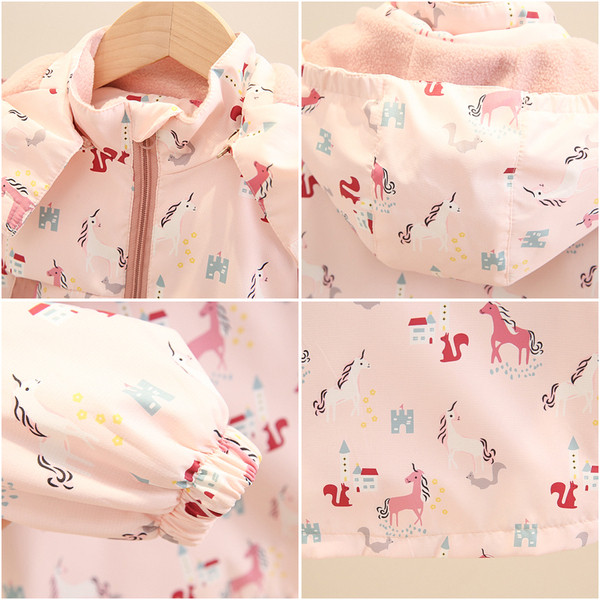 Värvilise mustriga ja kapuutsiga sügisene laste jope tüdrukutele