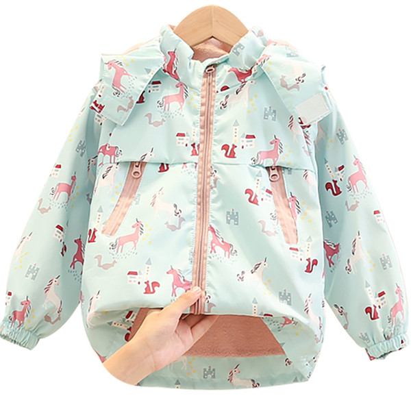 Värvilise mustriga ja kapuutsiga sügisene laste jope tüdrukutele