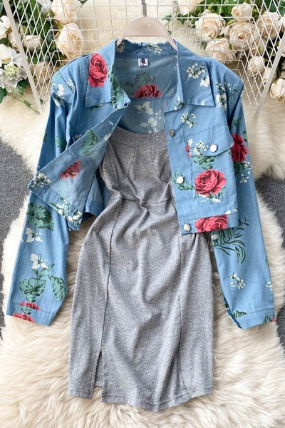 Naiste vabaaja kleidi ja teksajaki komplekt