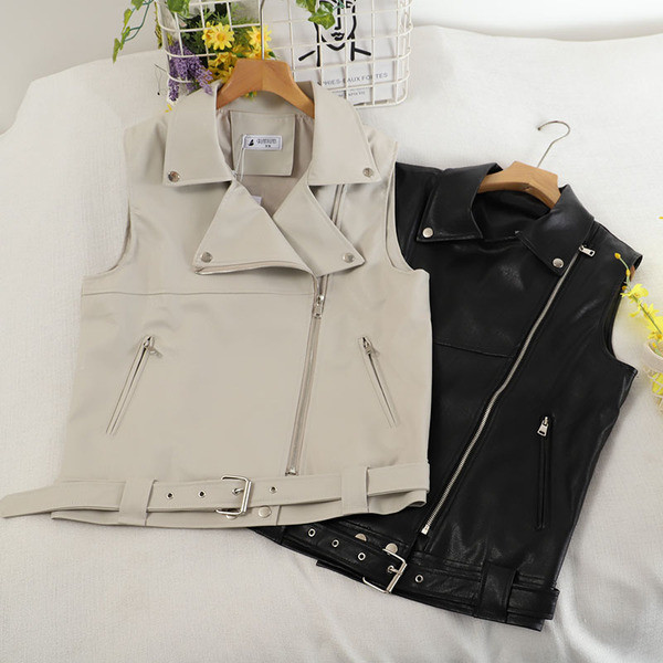 Modern női eco-bőr mellény zsebekkel