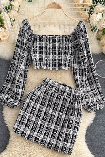 Ruuduline naiste kõrge vöökohaga pluusi ja seeliku komplekt