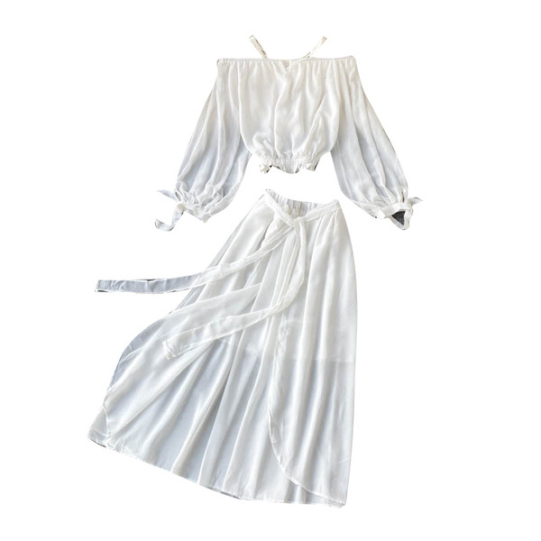 Valge naiste pluusi ja pika seeliku komplekt