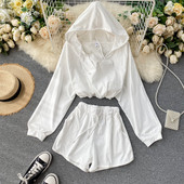 Ikdienas sieviešu platas blūzes komplekts ar kapuci un šortiem