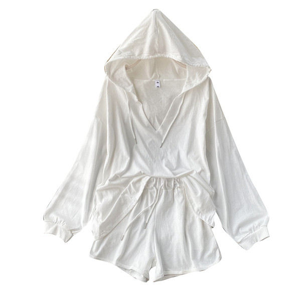 Ikdienas sieviešu platas blūzes komplekts ar kapuci un šortiem