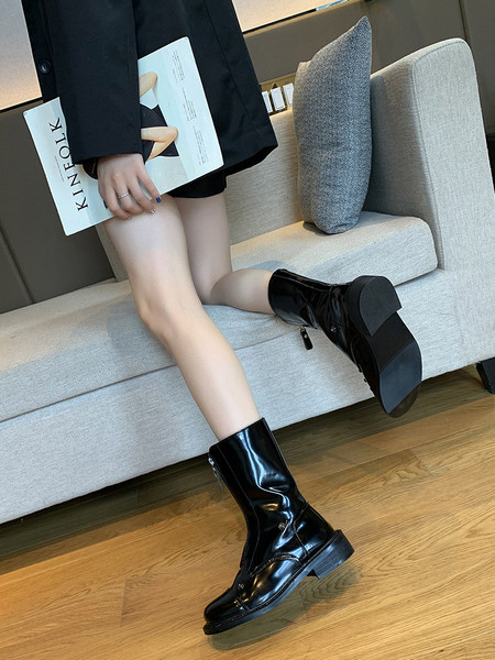 Ретро дамски ботуши от еко кожа с цип в черен цвят