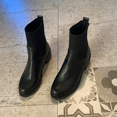 Дамски боти тип чорап в черен цвят и дебел ток