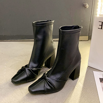 Стилни дамски боти от еко кожа с 7.5 см дебел ток 